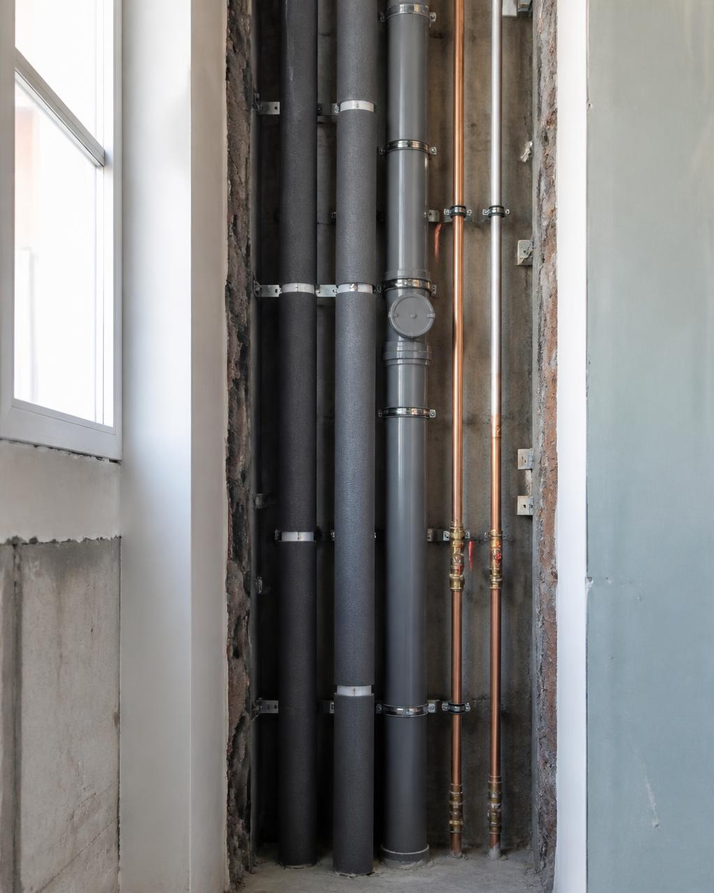 Nyinstallerat stamschakt med isolerade rör i flerbostadshus